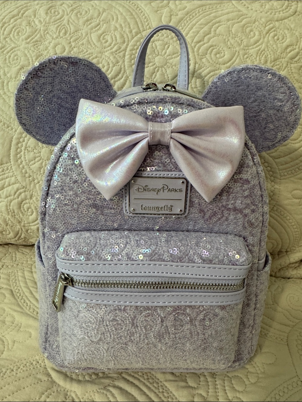Loungefly Disney Lavender Sequin Minnie Ear Backpack with Iridescent Bow